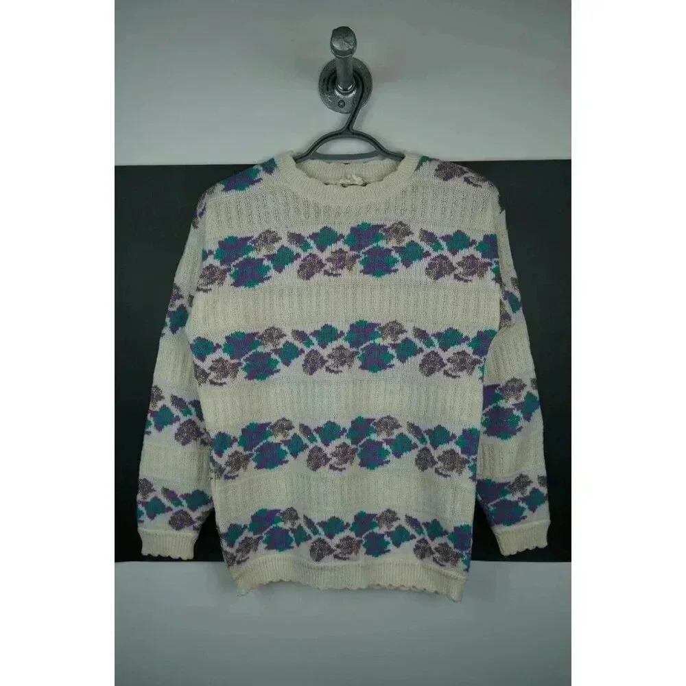 Vintage 90s Floral Pattern Knit Sweater Women's Small | Item #708